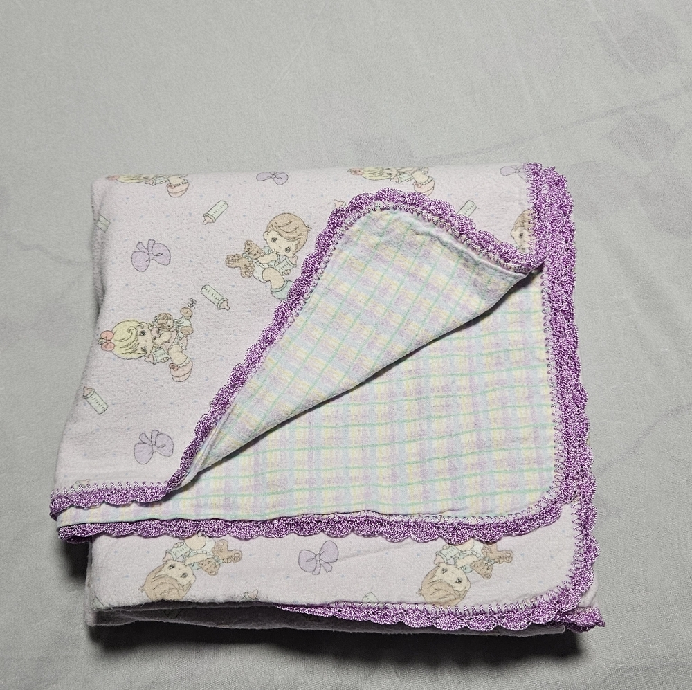 Precious Moments baby blanket 38" by 40" with purple embroidered edges